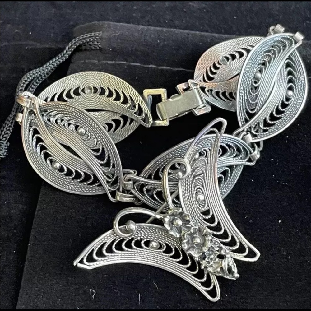 Vintage Signed Beau Sterling Silver Spun Filigree Bracelet & Brooch Jewelry Set